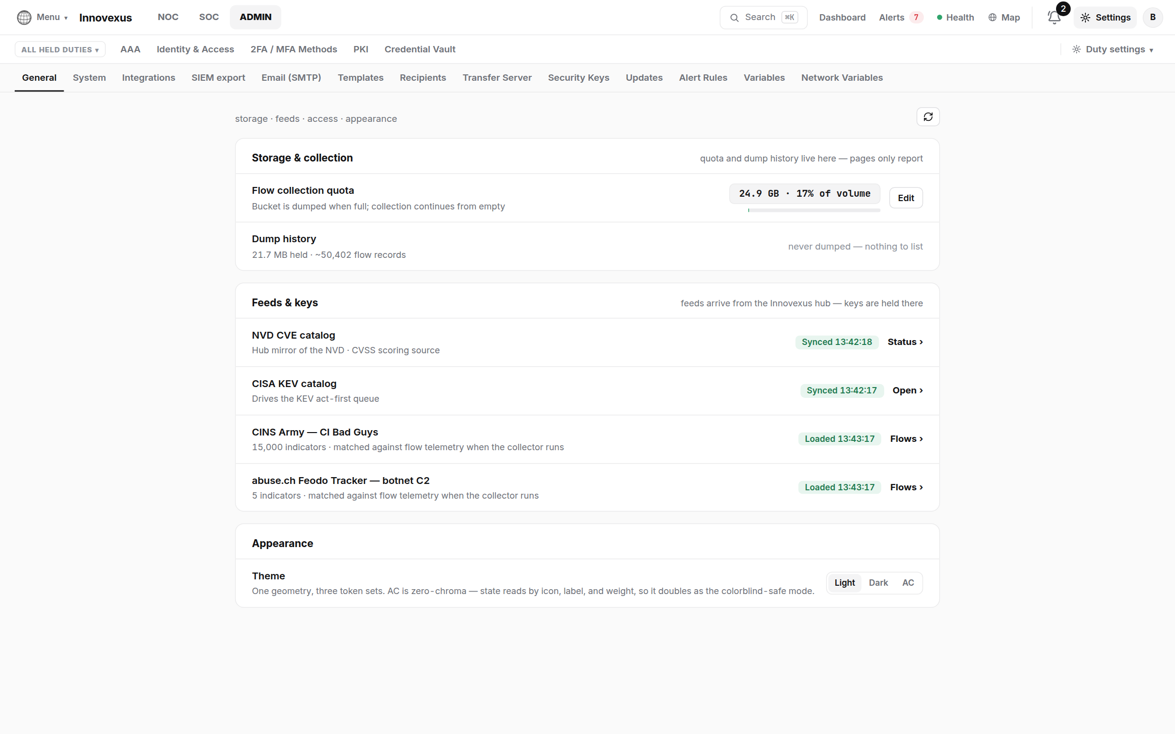 Global Settings General page: storage quota, feeds and appearance