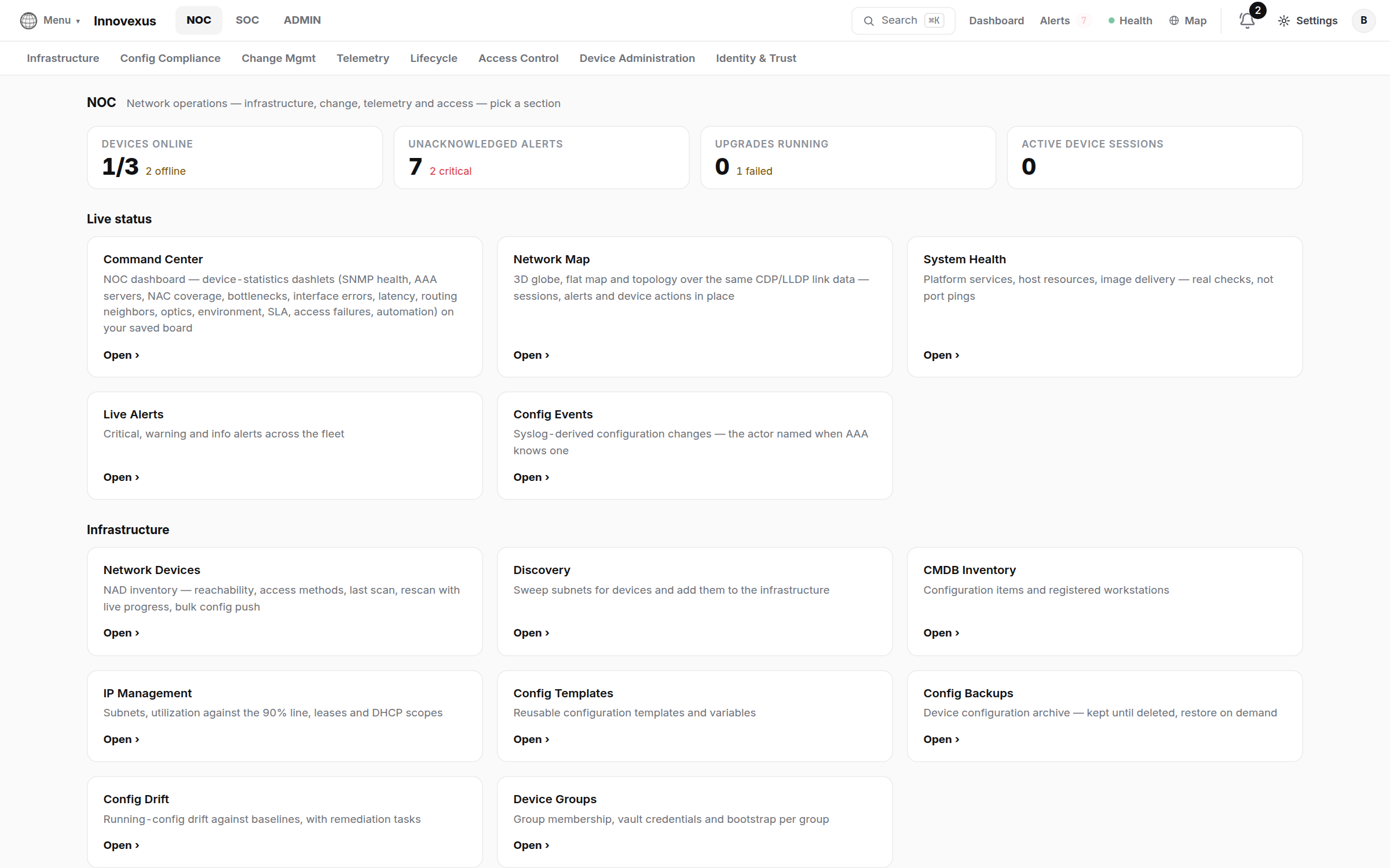The NOC navigation landing page with launcher cards for every page