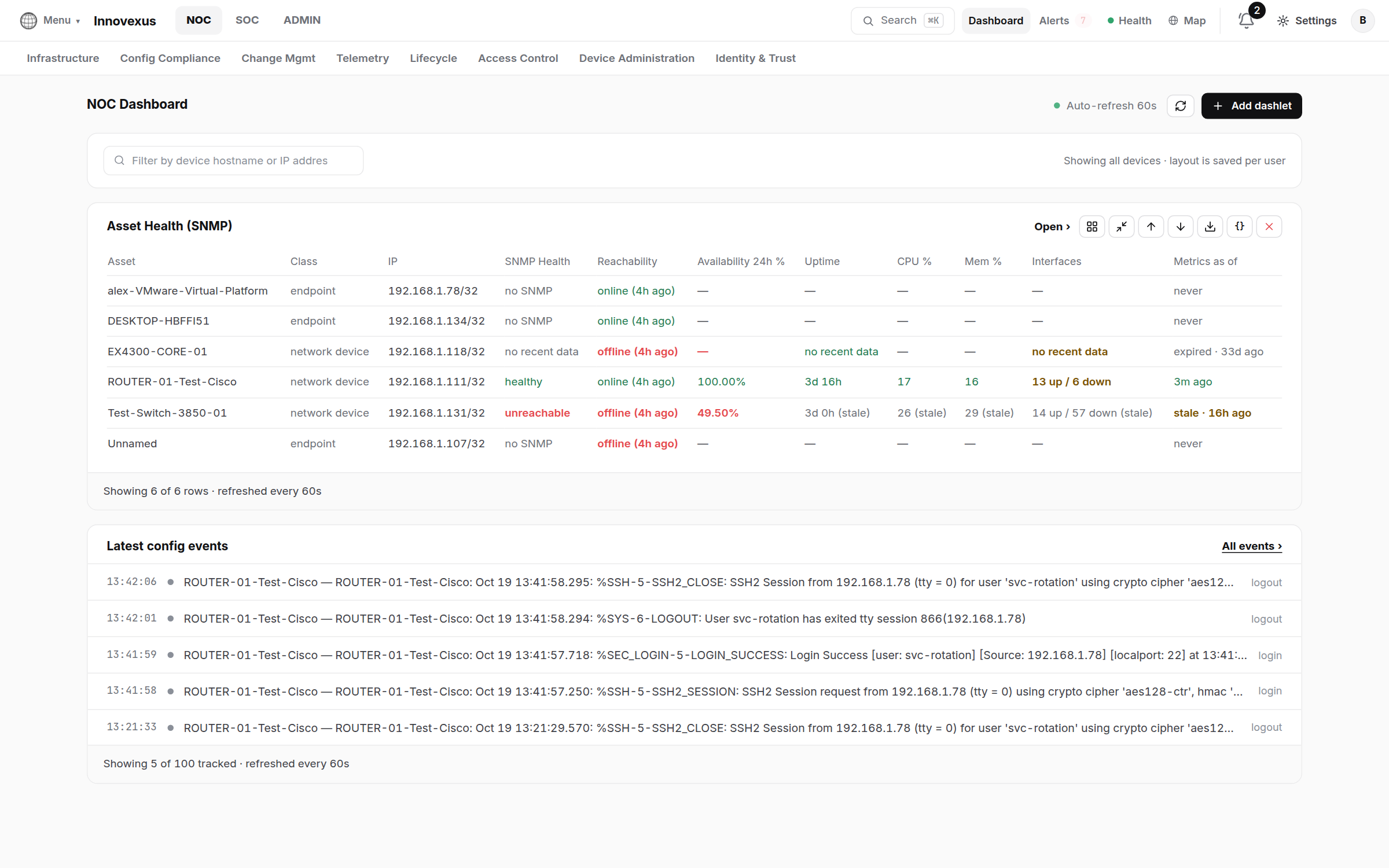 NOC Dashboard with an Asset Health SNMP dashlet and latest config events