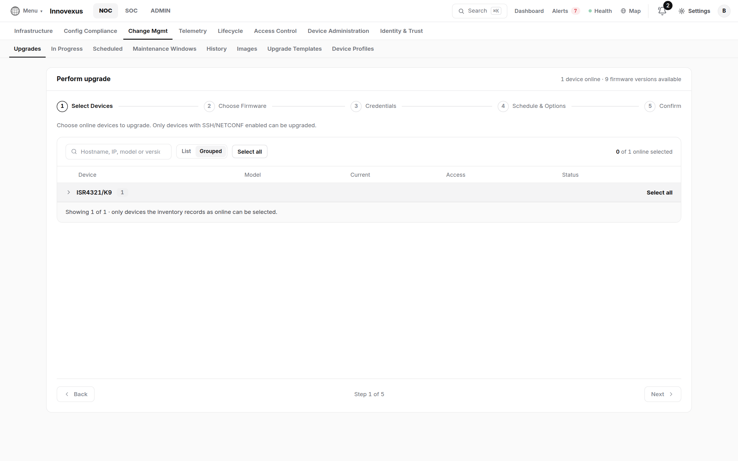 The upgrade wizard: pick devices, image and template