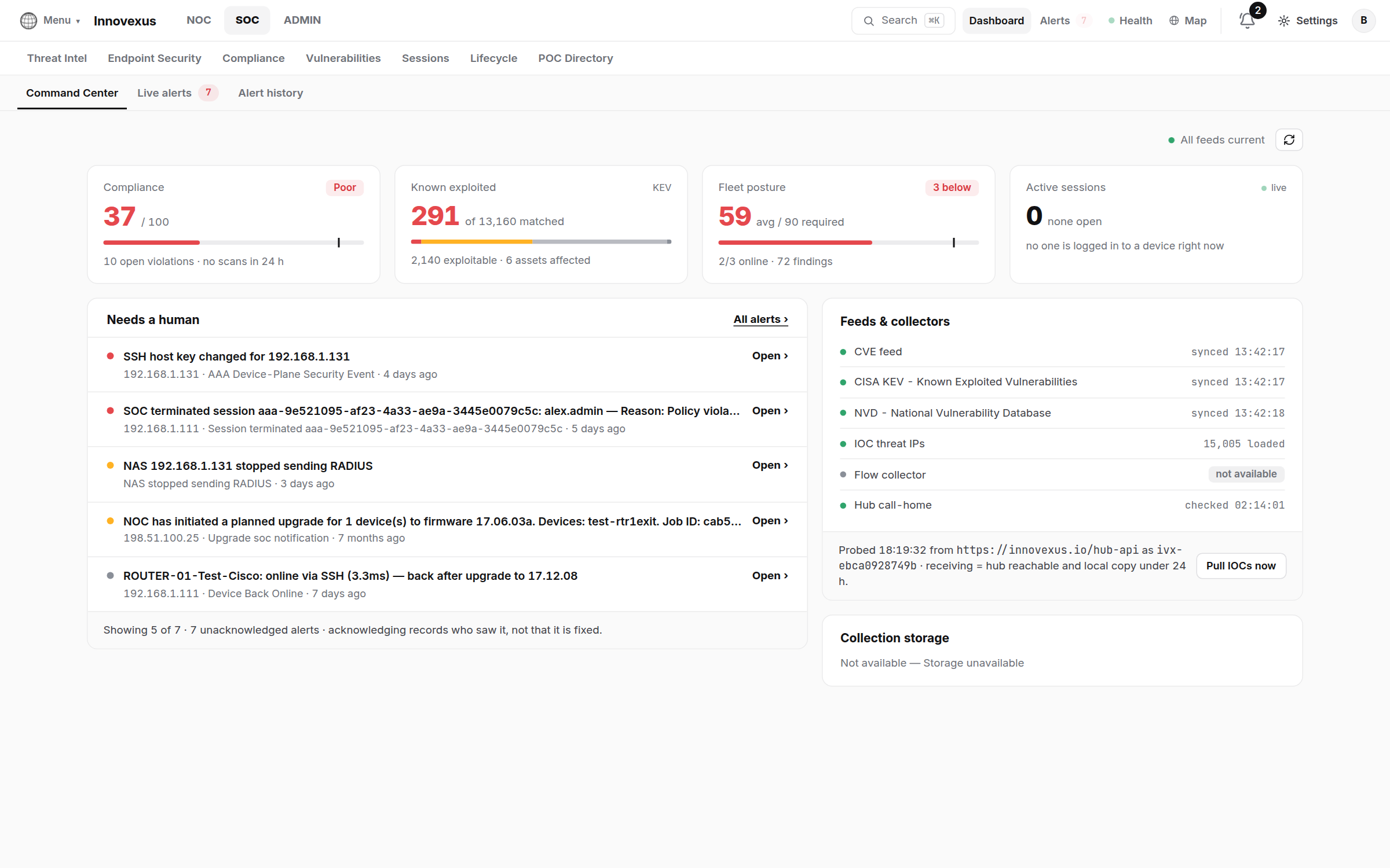 SOC Command Center with compliance, KEV, fleet posture tiles, a Needs-a-human queue and feed status