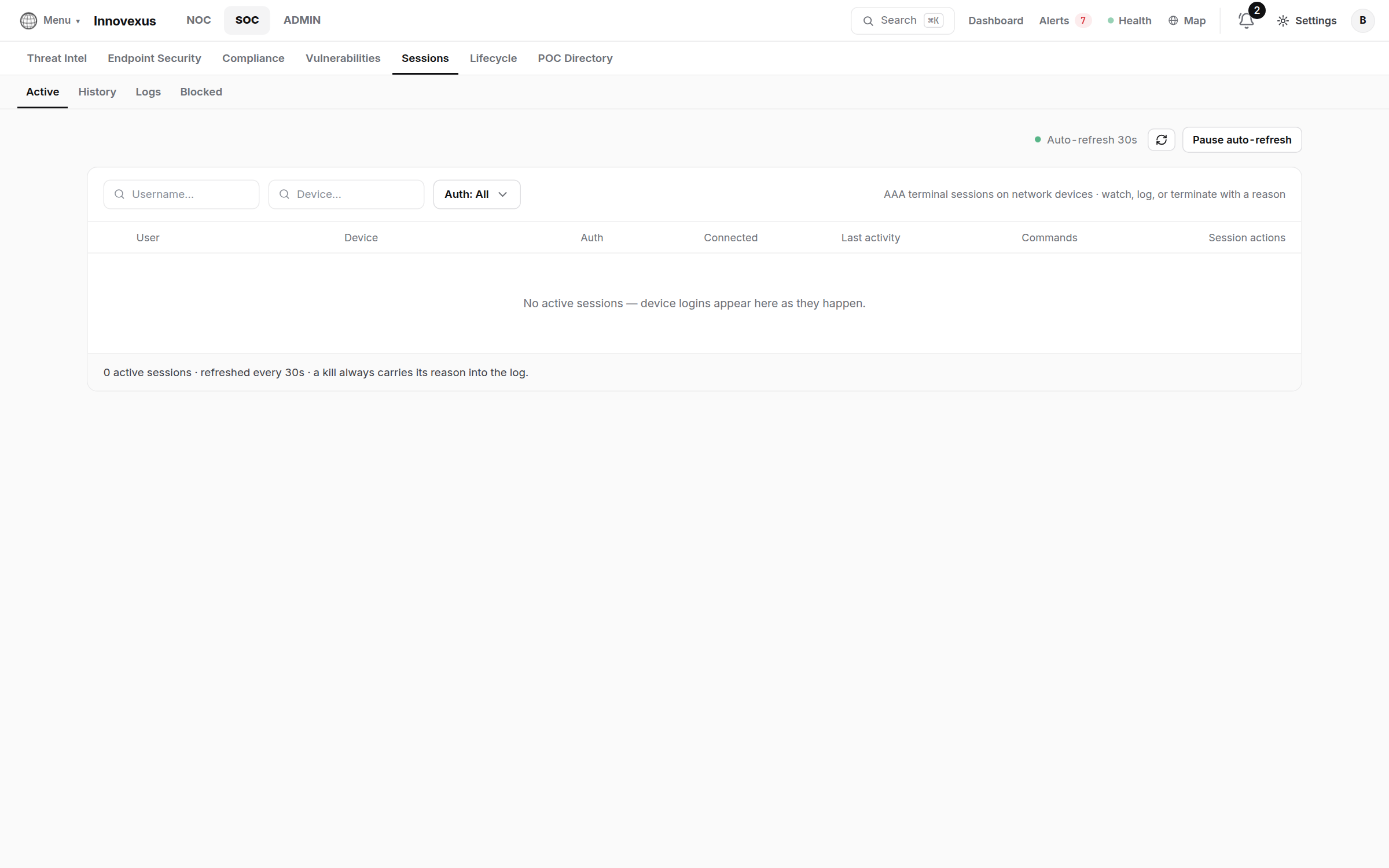 Live sessions page listing who is connected to which device
